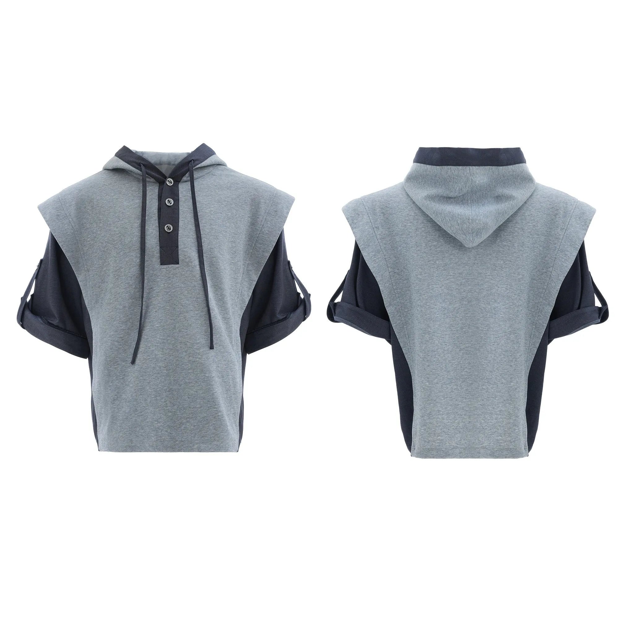 Men's black polyester hooded sports jacket with three-dimensional stitching and matching trousers