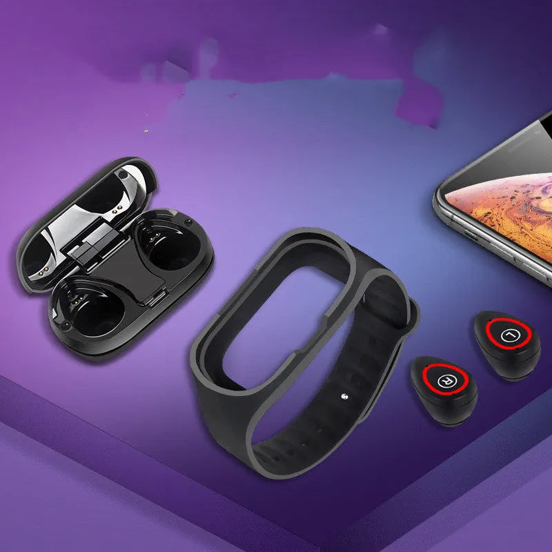 Smart bracelet earphone combo with 1-inch screen on silicone wristband in black, blue, and red colours