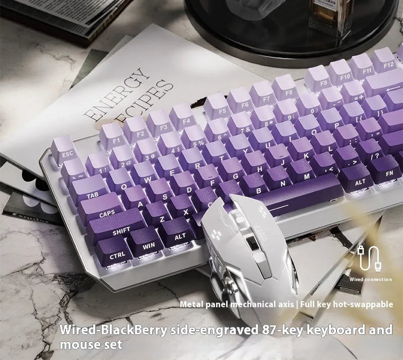 87-key wired mechanical keyboard with side-engraved keycaps, silver white finish, compact layout