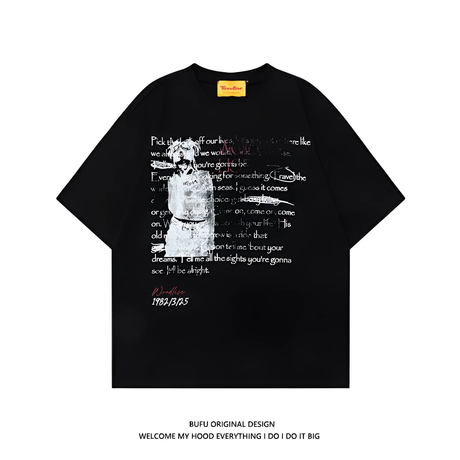Men's black loose fit cotton T-shirt with white hip hop letter print and raglan sleeves