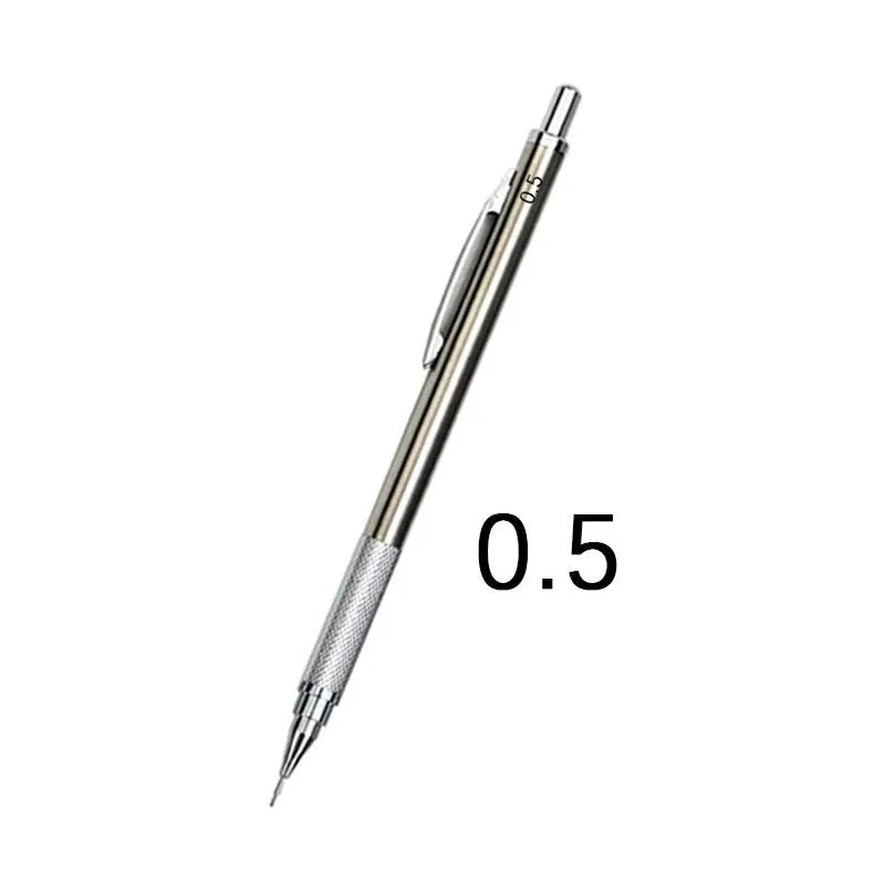 Metal automatic mechanical pencil showing lead size options from 0.3mm to 3.0mm for writing and drafting