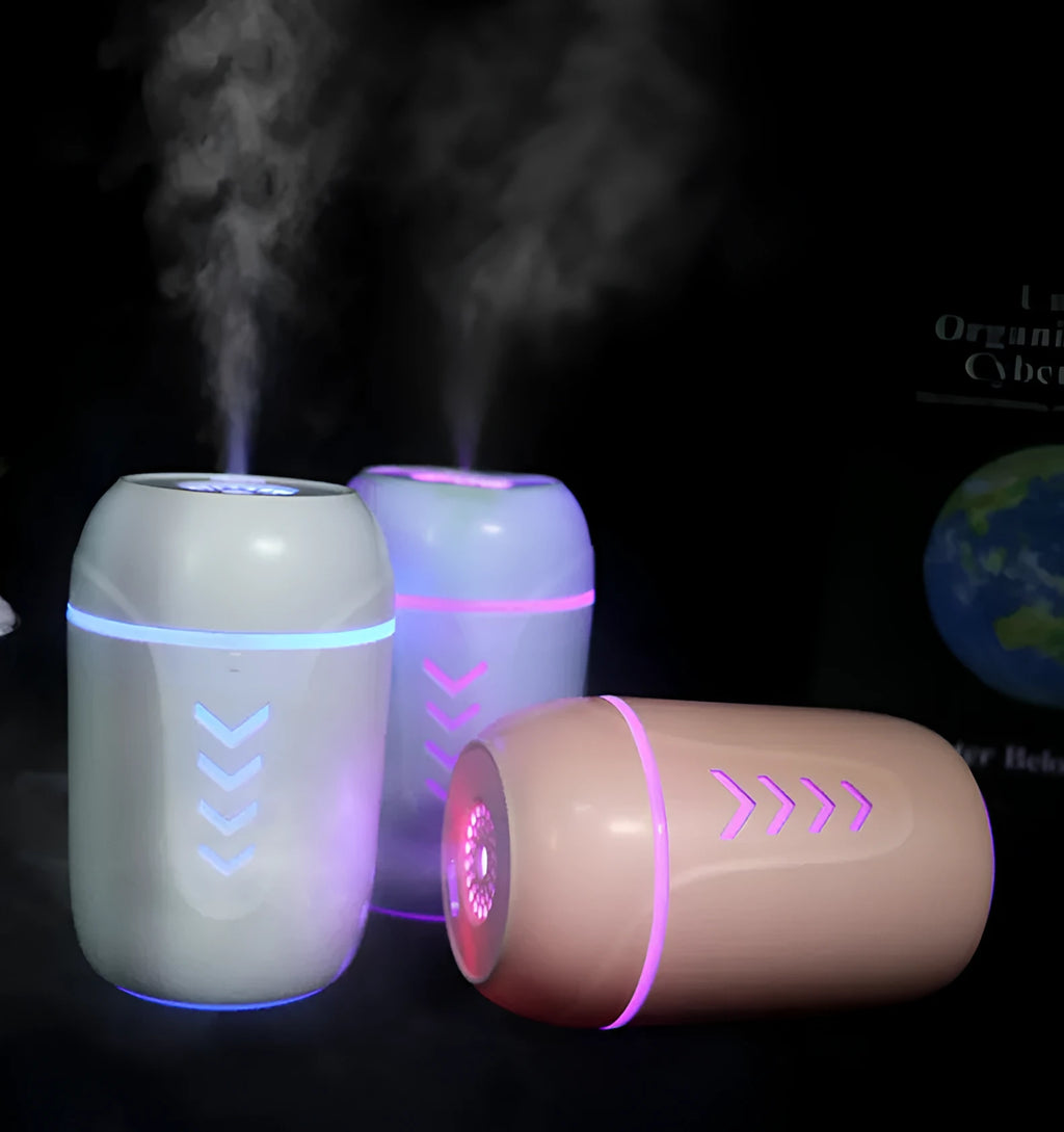 X3 portable car humidifier in blue, pink, or white with 200ml tank and USB/AC power