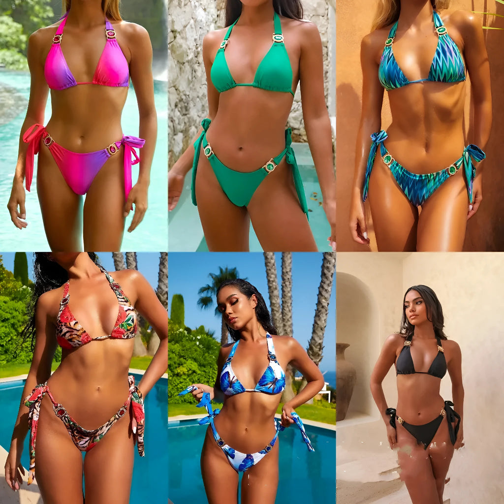 Women's dark green halterneck swimsuit with front lace-up detail and matching briefs.