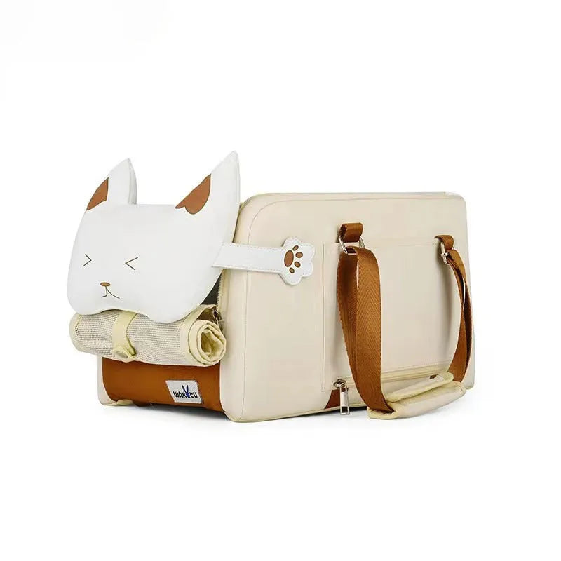 Beige hard-shell cat carrier with one shoulder strap showing EPE padding construction