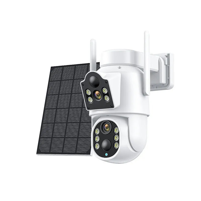 Outdoor solar-powered wireless wifi security camera with solar panel in black and white or white finish.