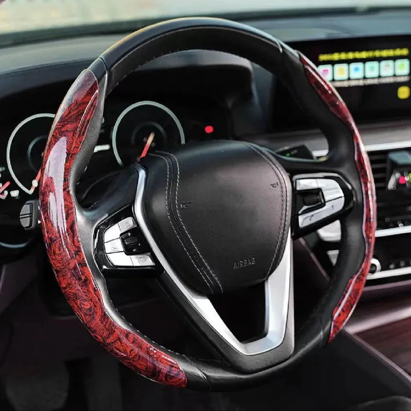 Peach wood grain pattern artificial leather steering wheel sleeve for 38cm diameter wheels.