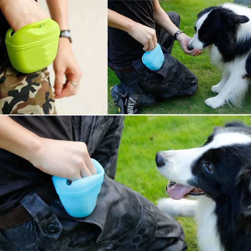 Silicone dog training treat waist bag with clip, shown in various colours.