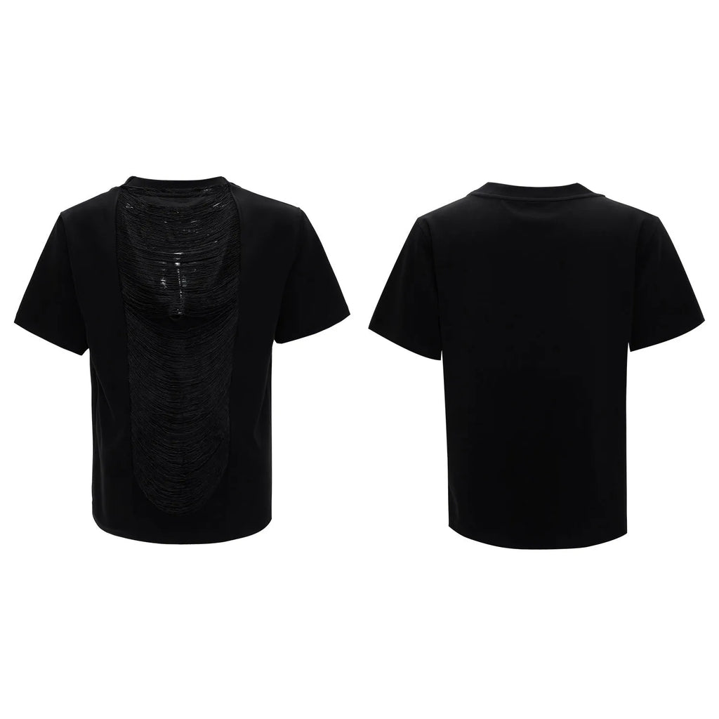 Man wearing a loose-fit drum black V-neck polyester T-shirt with short sleeves and a tassel detail.