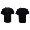 Man wearing a loose-fit drum black V-neck polyester T-shirt with short sleeves and a tassel detail.