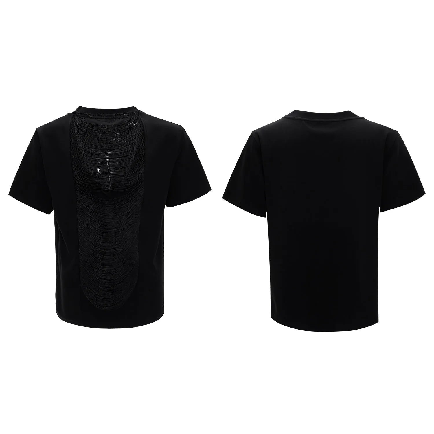 Man wearing a loose-fit drum black V-neck polyester T-shirt with short sleeves and a tassel detail.