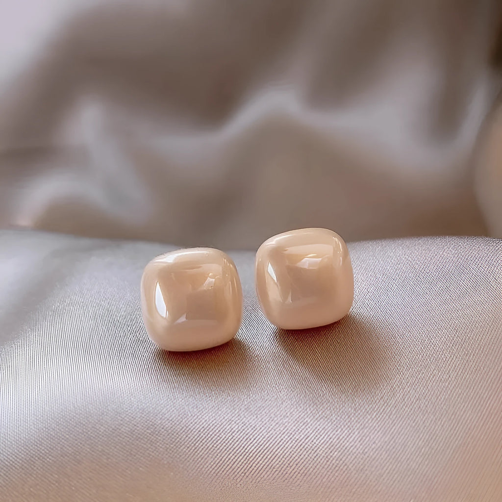 Cube sugar imitation pearl earrings for women, geometric style studs with electroplating