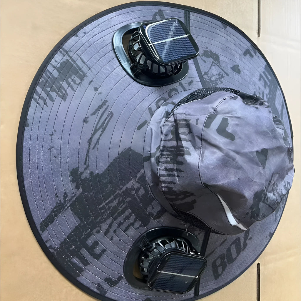 Men's grey solar fan cooling cap with wide brim and built-in ventilation fan