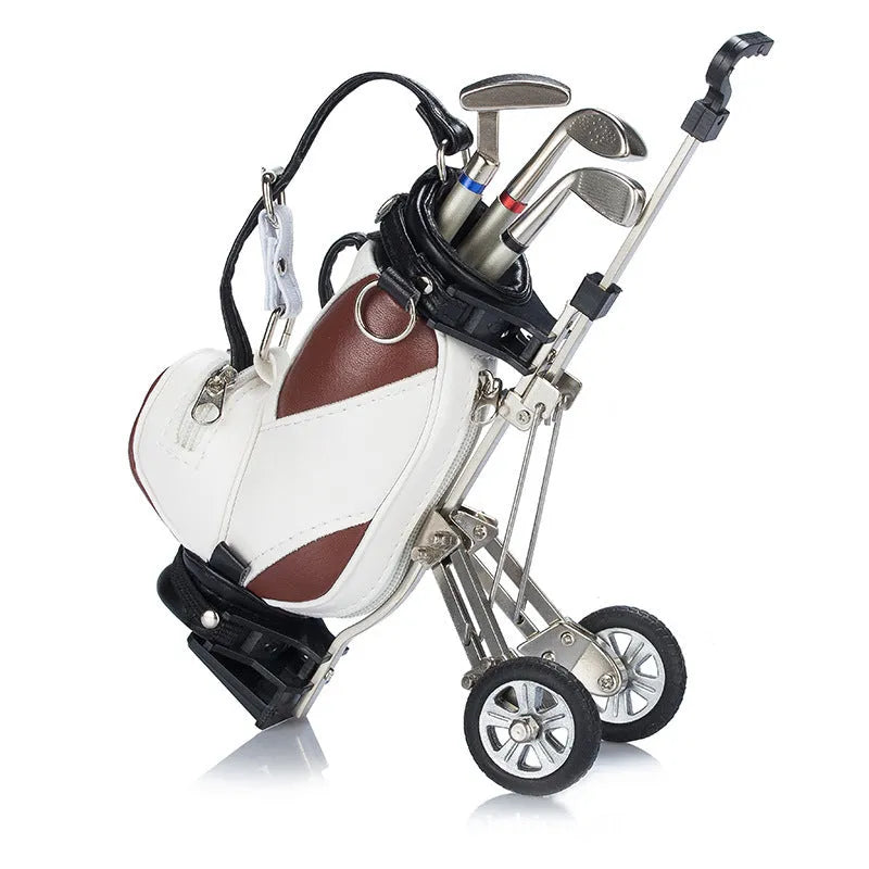 Golf bag shaped pen holder in carved PU leather with alloy accents, blue colour option