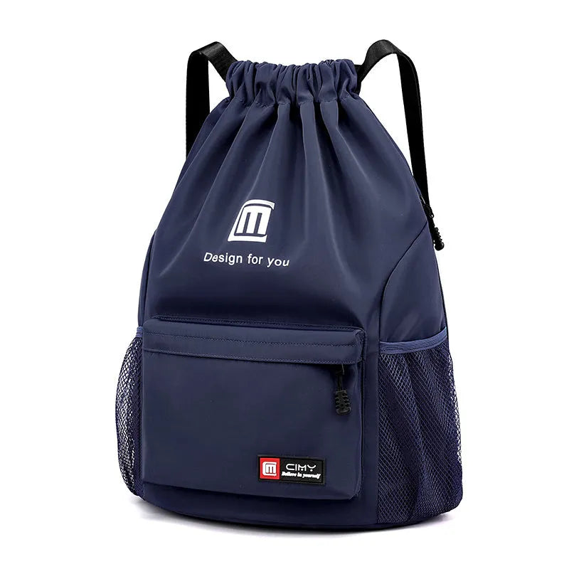 Oxford drawstring backpack in bucket shape with pull-cord closure and water-repellent fabric