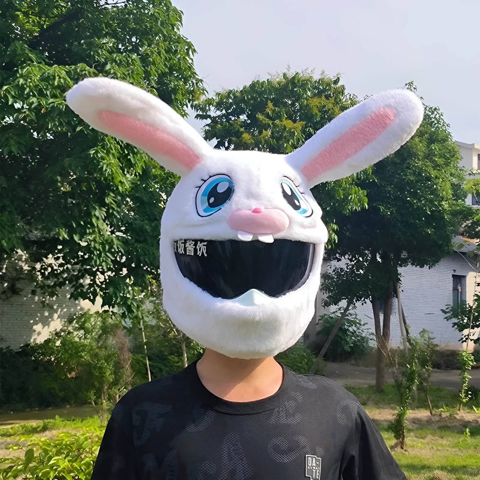 White long-eared rabbit plush helmet cover for electric motorcycles
