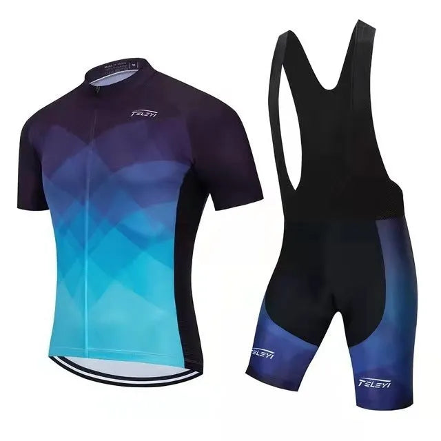 Men's and women's blue cycling jersey and matching pants set for summer road and mountain biking.