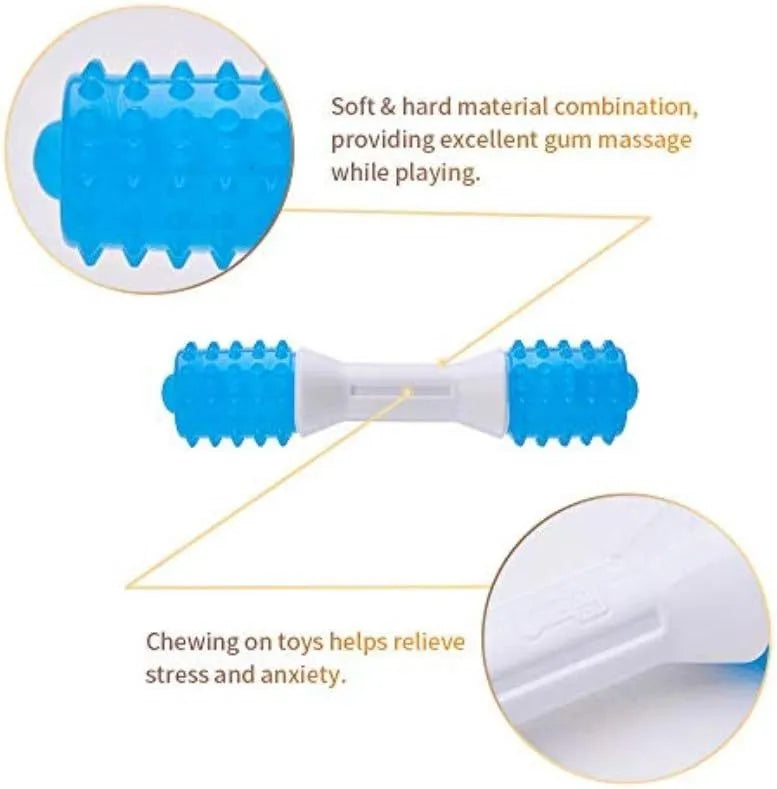 Dual-colour rubber puppy teething chew toy for dental health and gentle chewing.