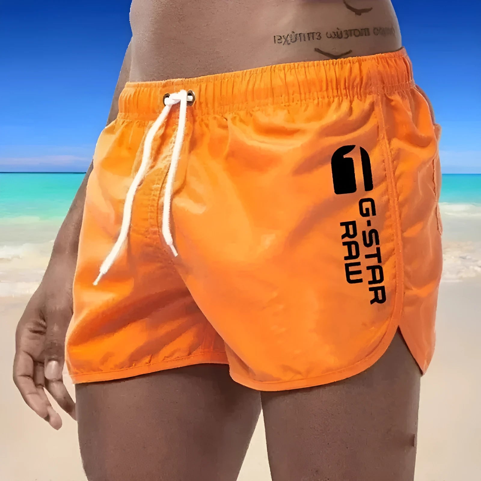 Men's sports beach shorts in 11 colour options including black, navy, and fluorescent green, polyester-hemp blend fabric