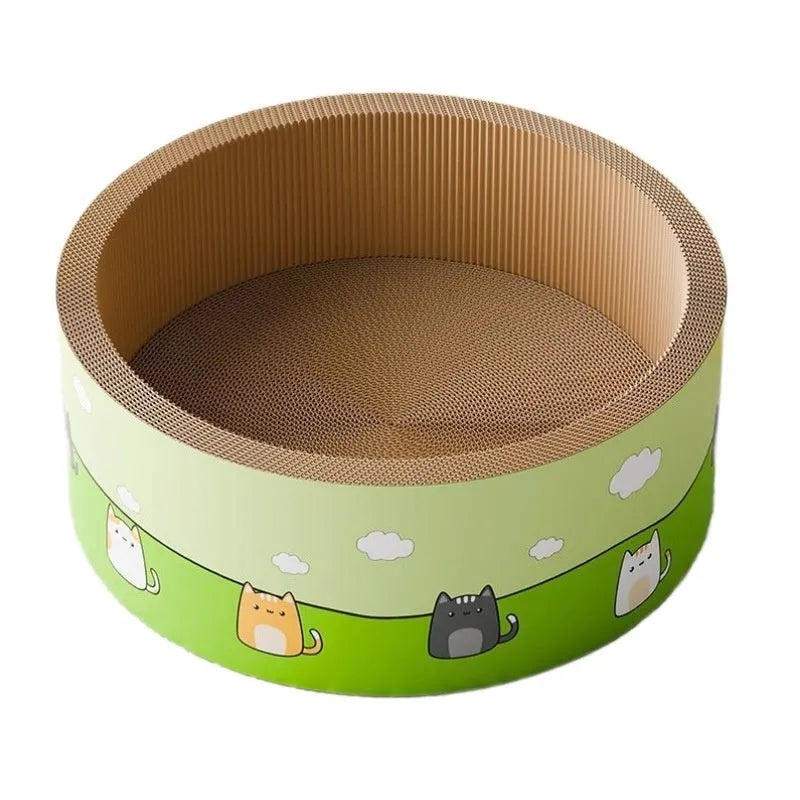 A large round deep-groove cat scratch board made from brown corrugated paper, sitting on a wooden floor.