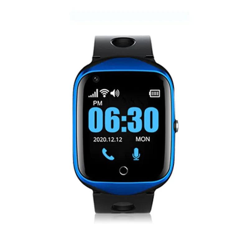 Black intelligent positioning phone watch for the elderly with a square screen and silicone strap on a wrist.