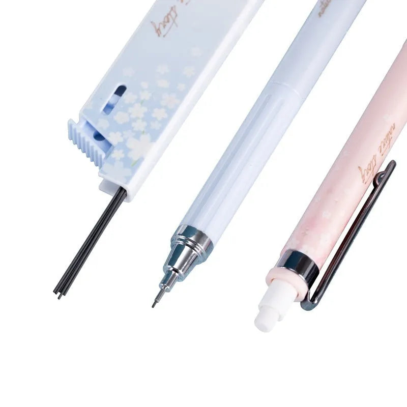 Mixed colour cartoon automatic pencil set with three 0.5mm pens and three boxes of HB refills.