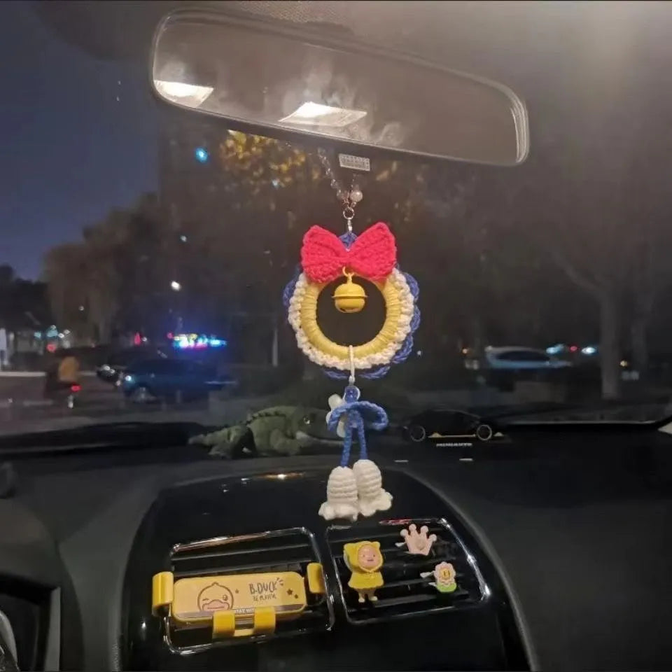 Snow White handmade plush yarn weaving car hanging with red wind chimes as a two-piece decorative set