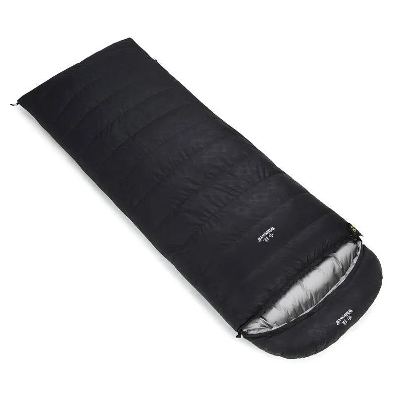 Black outdoor sleeping bag with white goose down fill and durable nylon shell.