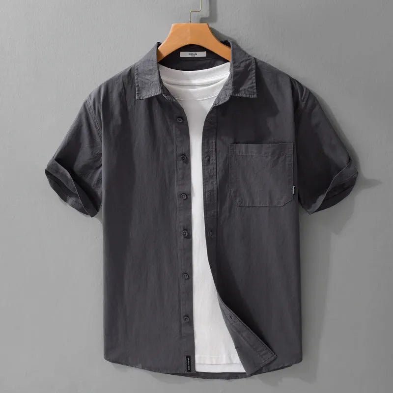 Men's short sleeve cotton shirt in loose cardigan style available in five colours with Asian sizing