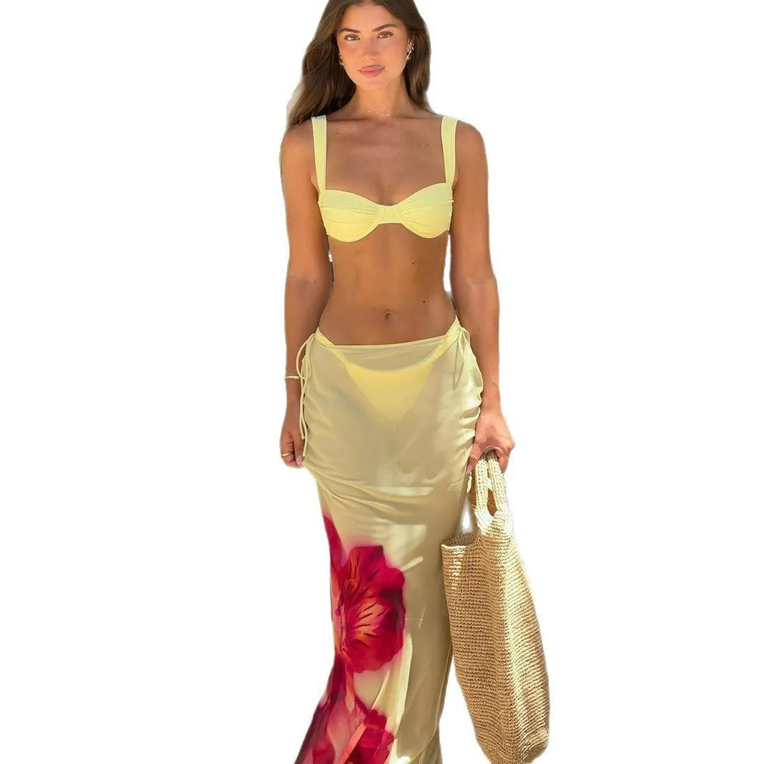Three-piece bikini set in C3854 yellow print, nylon fabric with spandex lining, sizes S M L