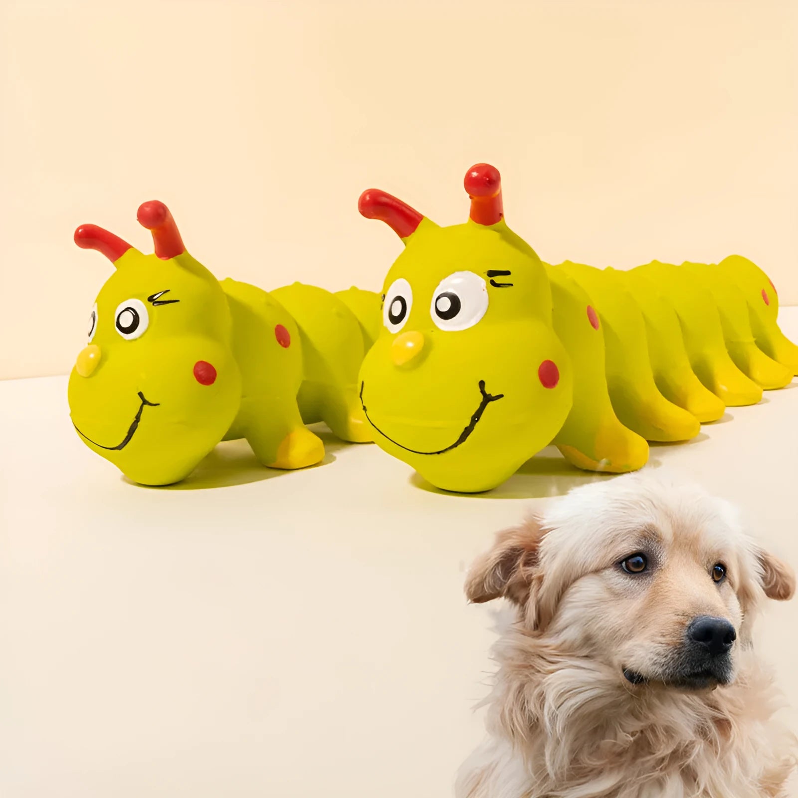 Yellow caterpillar-shaped rubber dog squeaky toy for small and medium dogs.
