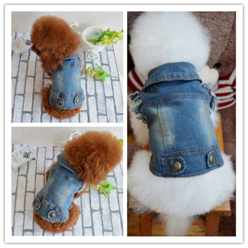 Denim dog vest with retro scratch pattern for small breeds in dark and light colours