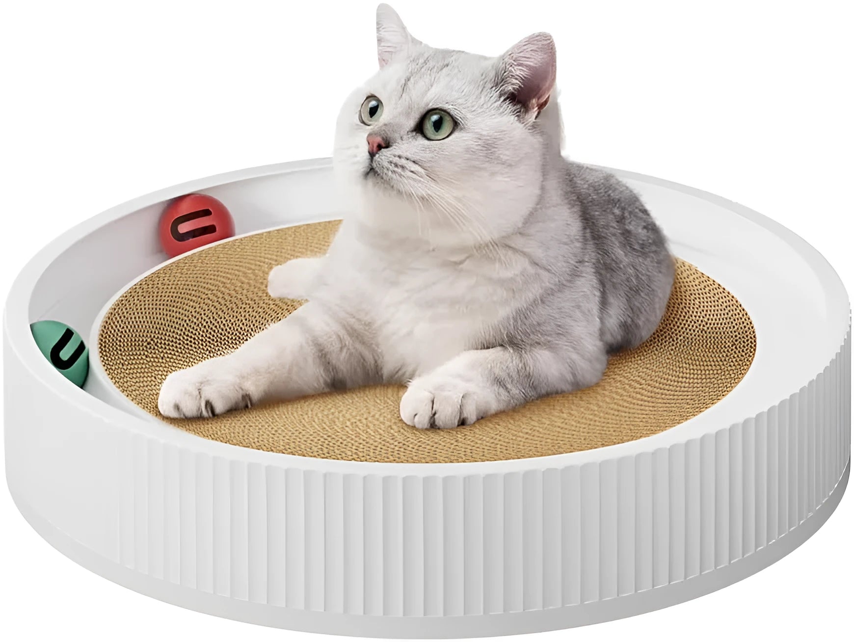Large green cat scratching board with ball toys measuring 45cm diameter