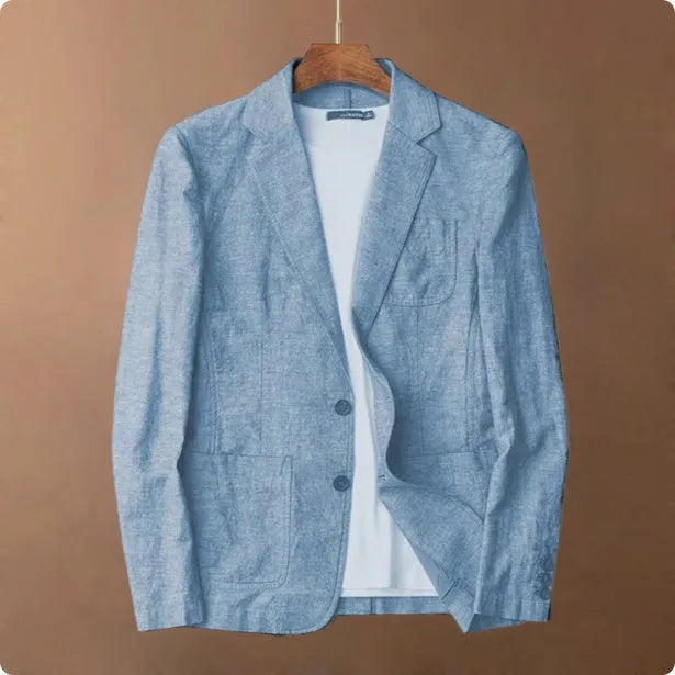 Men's thin solid colour linen coat with stick pockets on a hanger.