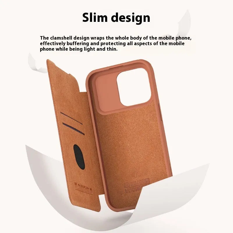 Black imitation leather flip phone case for iPhone, shown open and closed.