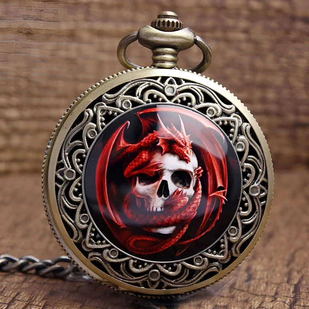 Classical retro bronze skull ceramic pocket watch with 4.7cm case and 37.5cm chain
