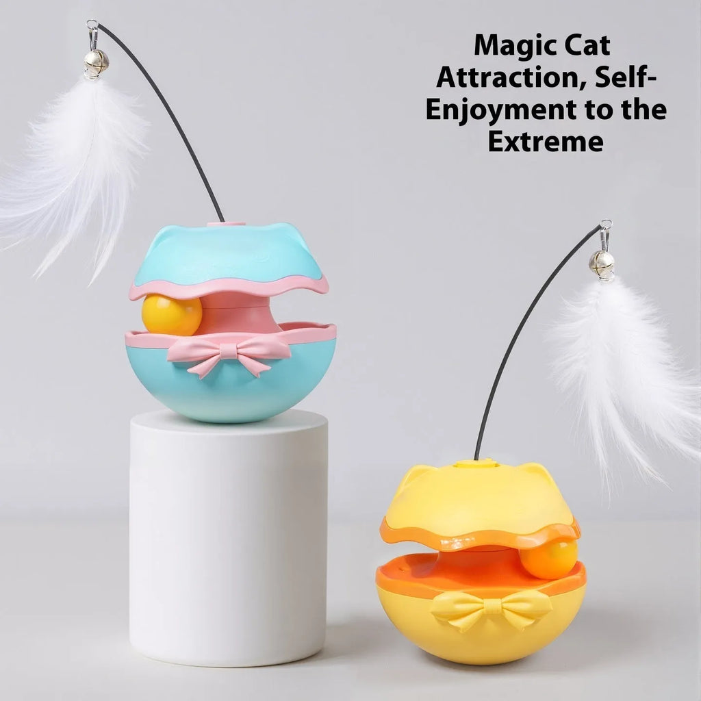 Electric self-righting cat teaser tumbler toy in lemon yellow, sky blue, and soft fog grey on a hardwood floor.