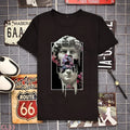 Mens black loose-fit short-sleeved t-shirt with round neck and heat transfer print, size 2XL available