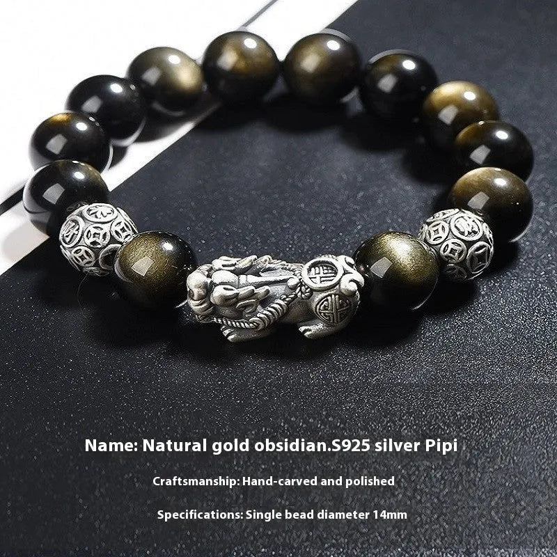 Men's natural obsidian and S999 sterling silver bracelet with geometric design