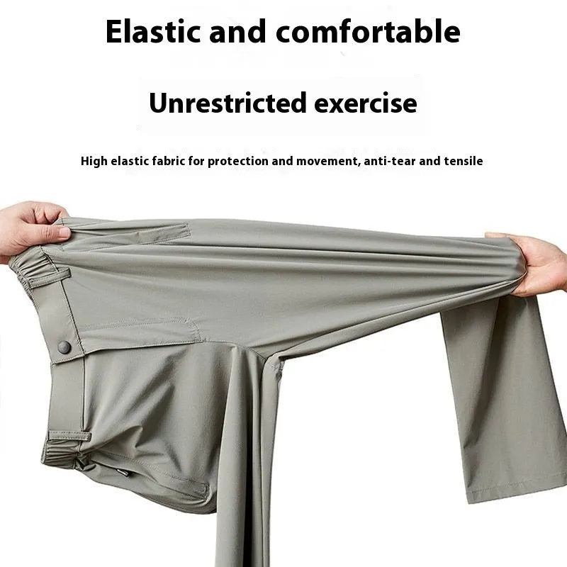 Men's straight-leg ice silk trousers in a loose fit with an elasticated waist, shown in black.