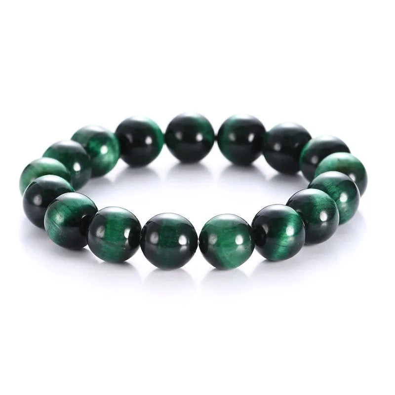 Green tiger eye stone bracelet with polished geometry beads showing five size options