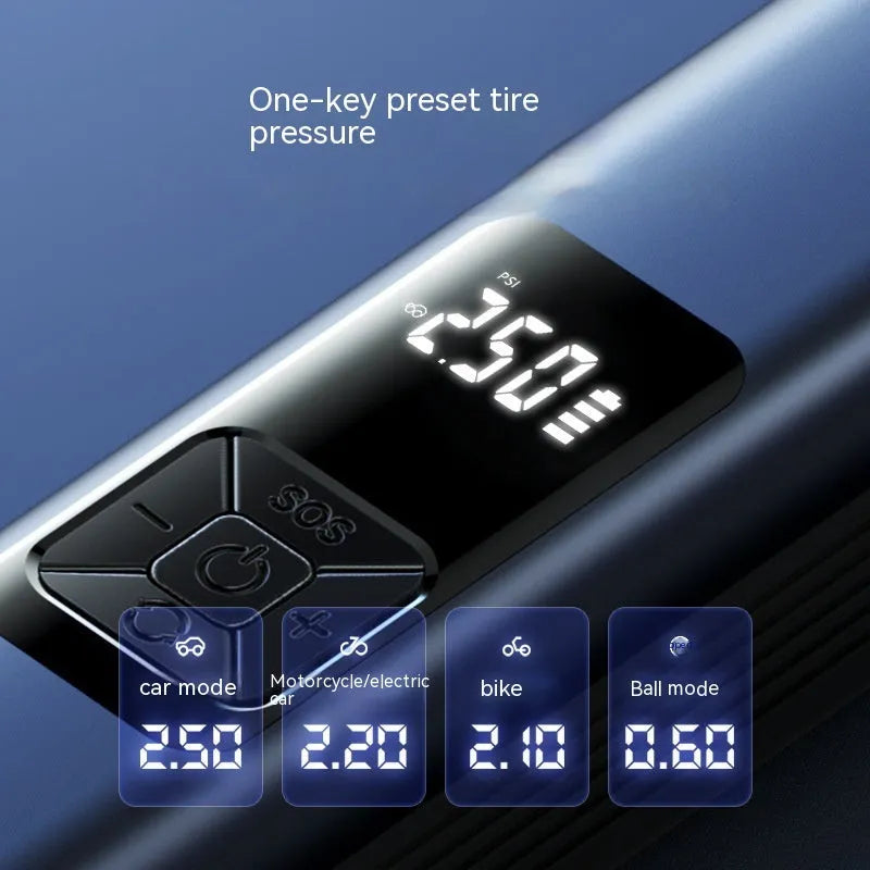 Wireless digital display car tyre inflator and vacuum cleaner with storage bag and accessories
