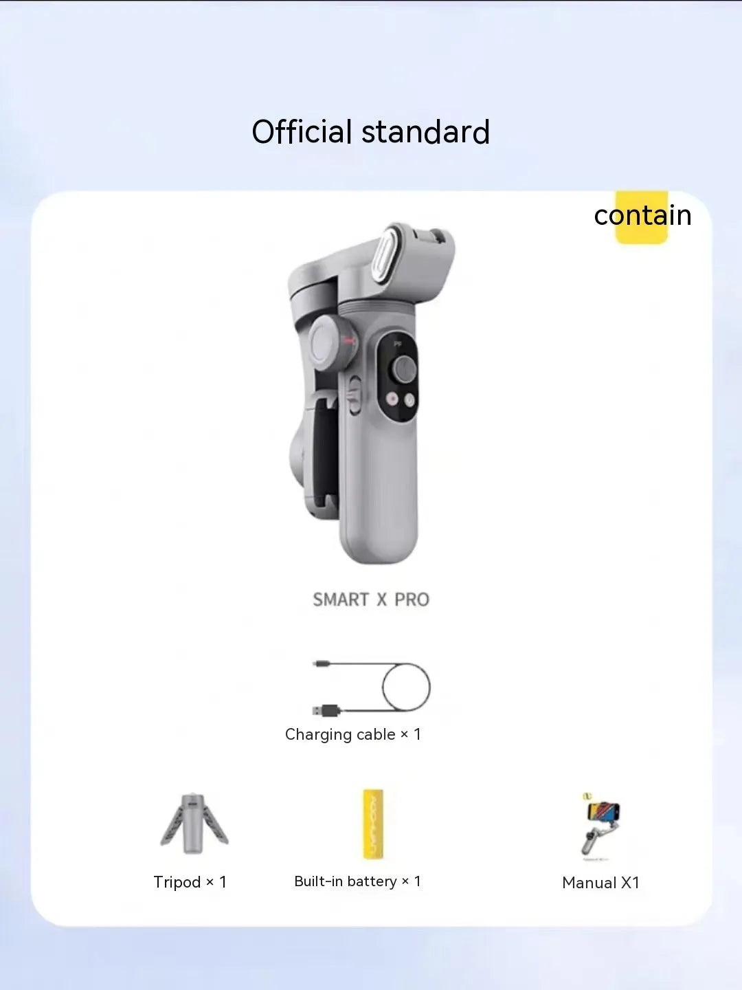 Silver grey smartphone gimbal stabiliser with extended arms and Bluetooth remote on a black background.