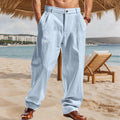 Men's linen striped trousers with straight loose fit, wide legs, and high waist in light blue colour