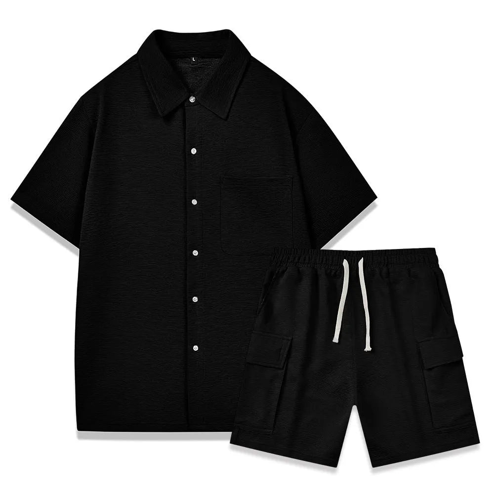 Plain polyester elastic waist shorts and short sleeve top co-ord set in beige colour.