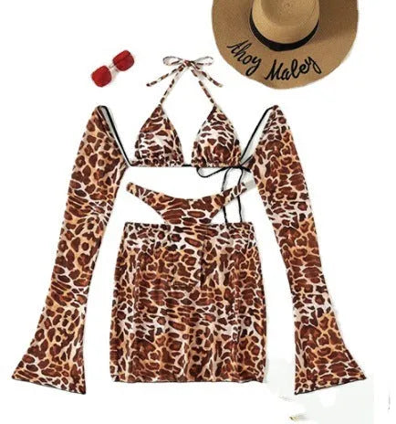Striped leopard print bikini swimsuit set for women with skirt and top on model