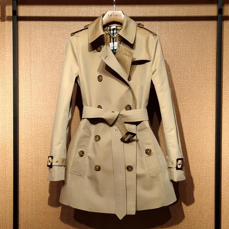Khaki polyester women's trench coat with double-breasted front and flight sleeves
