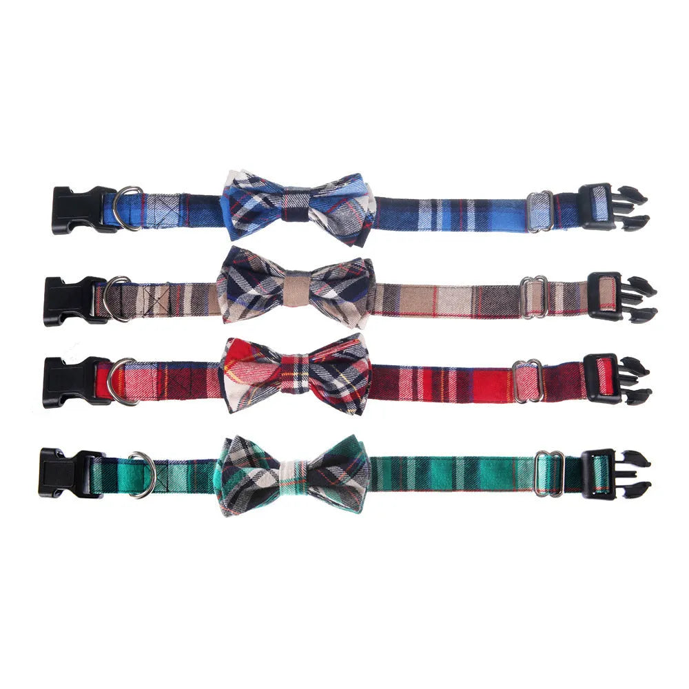 Cloth grid pattern dog bow collar in blue with S size for small to medium dogs
