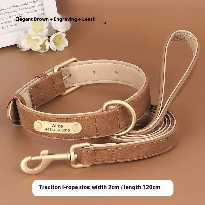 Double-layer leather dog collar with mohair trim and matching lead in blue, shown on a size chart.
