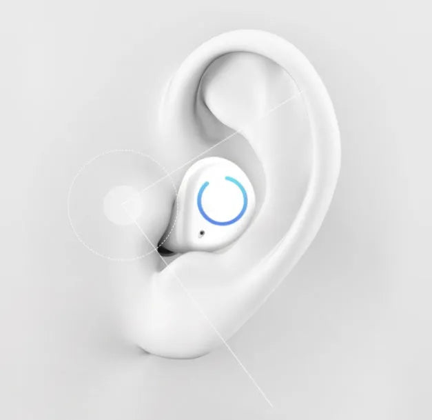 M18 true wireless stereo headset in black and white colour options showing earpieces and charging case
