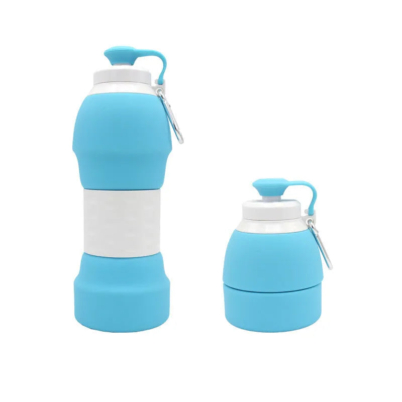 Blue silicone folding water bottle shown expanded and collapsed with measurement scale